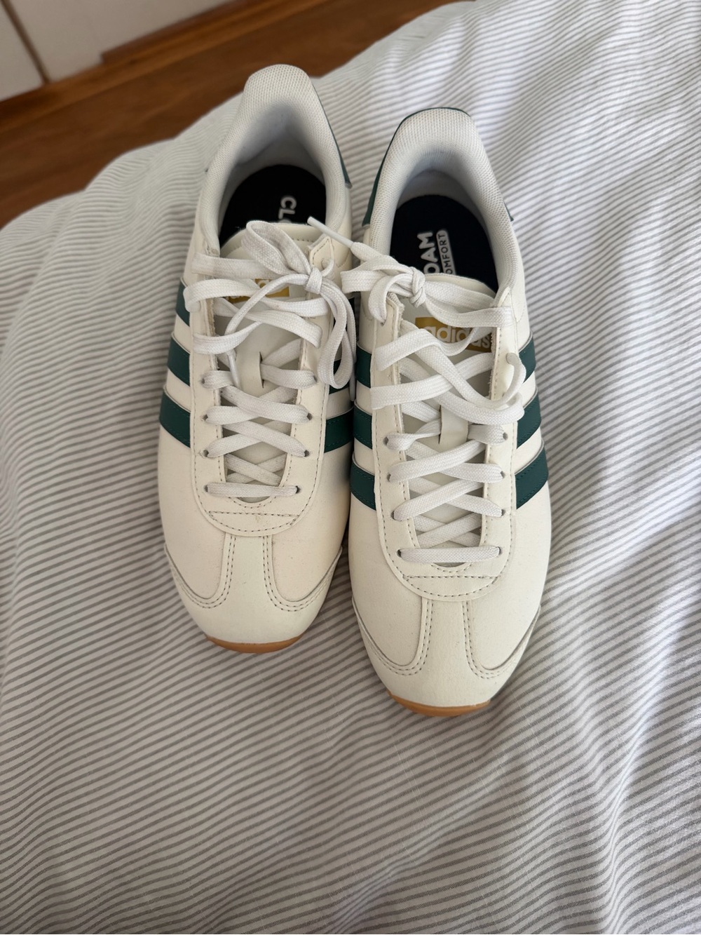 adidas Women’s White Sneakers with Green Stripes
